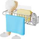 HapiRm 4 in 1 Sink Caddy Sponge Holder, SUS304 Stainless Steel Kitchen Brush Holder + Dish Cloth Hanger + Soap Rack + Sink Stopper Rack + Sponge Caddy for Kitchen - Silver