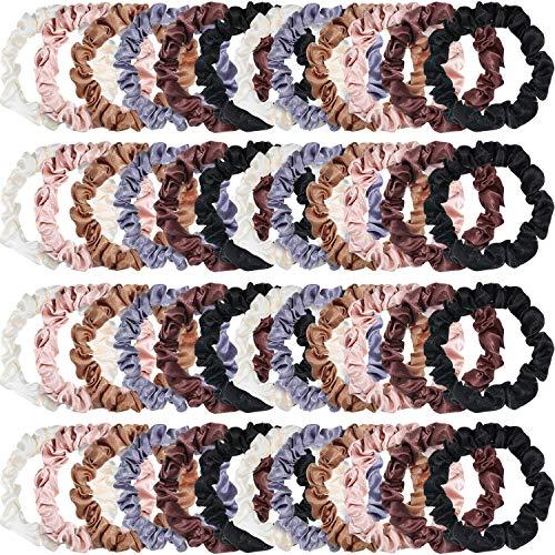 WILLBOND 48 Pieces Satin Scrunchies Small Silk Hair Tie Mini Thin Skinny Scrunchies Bulk Women Curly Thin Multicolor Elastic Hair Bands Accessories Ponytail Holders Ideal Gifts for Women