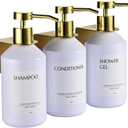 Shampoo and Conditioner Dispenser Set of 3 for Wall Mount,16.9 fl oz Drill Free Shower Soap Bottles with Labels,Refillable Body Wash Dispensers for Bathroom Decor (White Bottles + Gold Pumps)