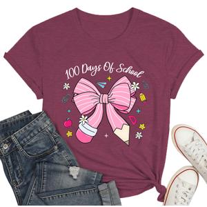 100 Days of School Shirt for Women-Happy 100th Days T-Shirt-Bow Pencil Teacher Top Tee Back to School Teaching Life Tee Red, XXL