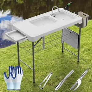 ERGMASTER Fish Cleaning Table with Sink 42.6" Width Portable Folding Camping Table with Measure Mark|Outdoor Fish Cleaning Station with Grid Rack&Fish Cleaning Kit for Picnic, Patio