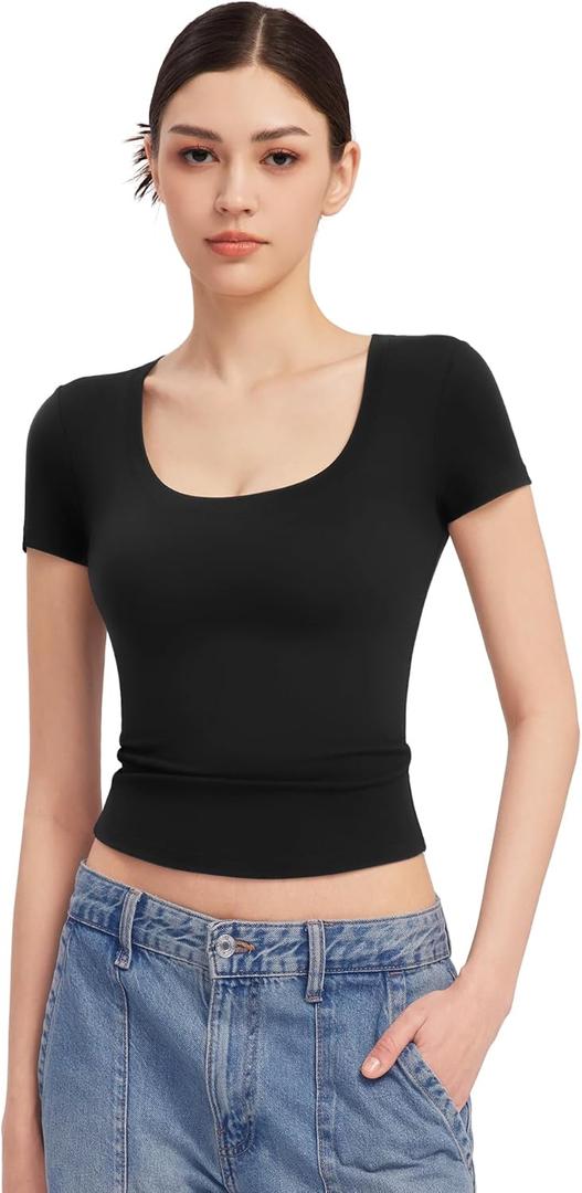 PUMIEY Women's T Shirts Short Sleeve Scoop Neck Basic Going Out Tops Fashion Slim Fit Tee Smoke Cloud Pro Collection (Medium)