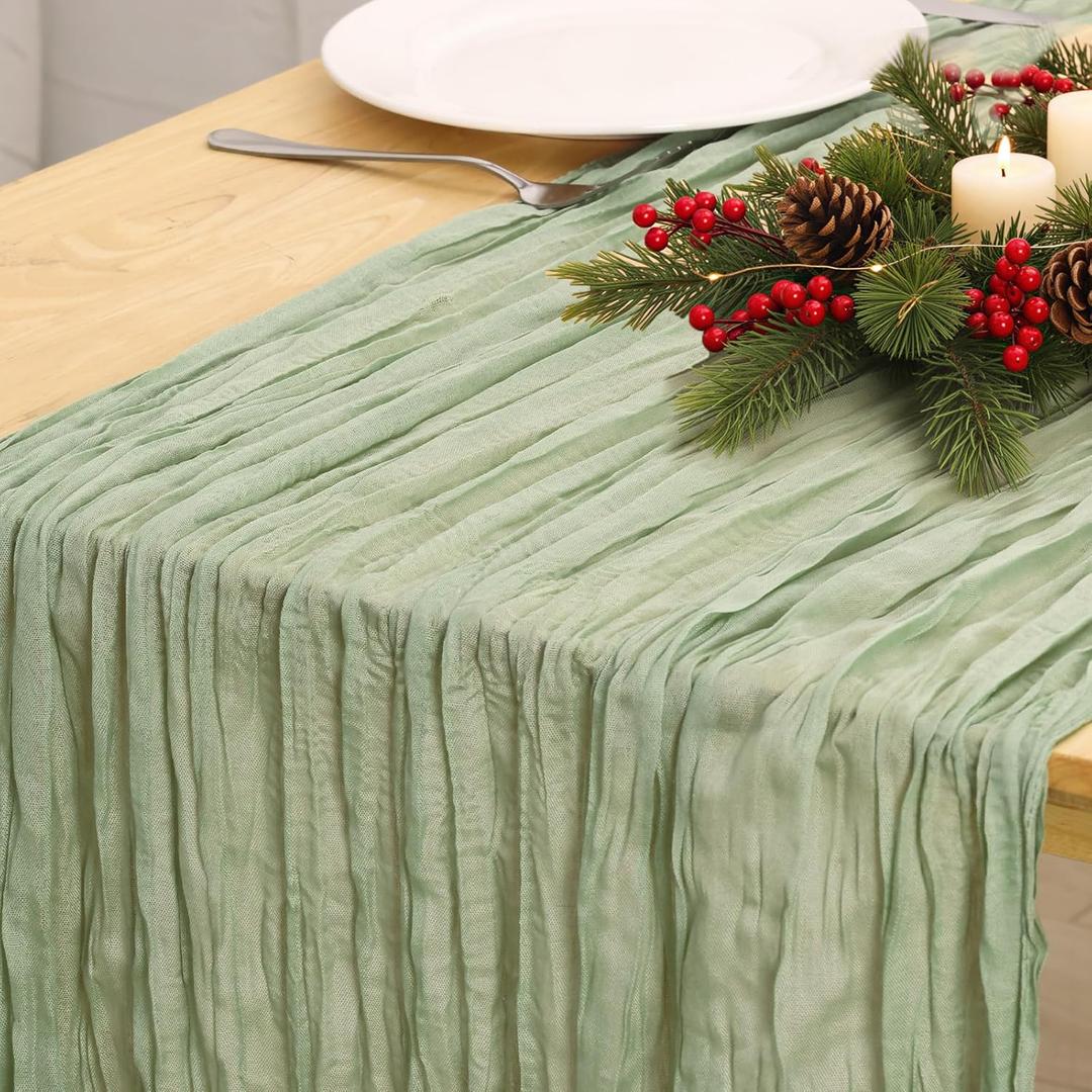 Fixwal 3 Pack Sage Green Cheesecloth Table Runners, Pleated Boho Gauze Table Runner, Long Semi-Transparent Table Decorations for Christmas Dinner, Parties, Birthdays and Weddings(35x120 Inch)