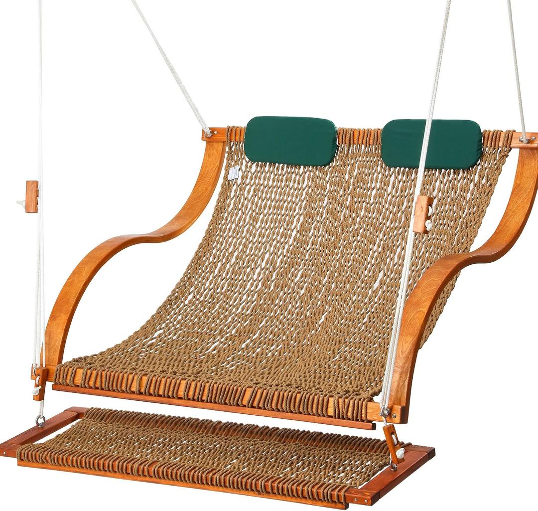 SANIWERKE Porch Swing for 2, Double Hammock Swing with Footrest & S-Armrest, Adjustable Hanging, Durable Rope Net&Thick Wood, 650LBS, 50" Wide, Luxe Reclining Duo Swing for Casual Living(Rich Mocha)