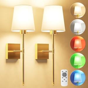 JOFIOS Battery Operated Wall Sconce Set of 2 - Gold Wireless Battery Wall Sconce with 5200mAh Rechargeable Light Bulb and Remote, RGB and Dimmable Cordless Wall Lights for Bedroom, Living Room