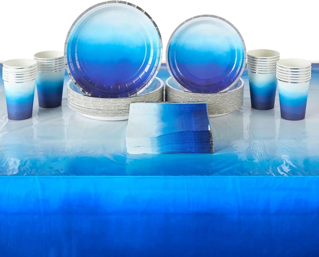 Sparkle and Bash 202 Pieces Ombre Royal Blue Party Decorations - Serves 50 Blue and Silver Birthday Party Supplies with Paper Plates, Napkins, Cups and Tablecloths - Paper Plate