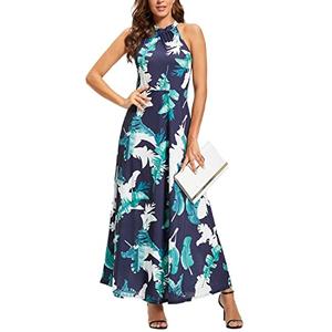 STYLEWORD Women's 2026 Summer Hawaiian Beach Maxi Dresses Tropical Halter Neck Vacation Long Dress Spring Trendy Outfits(Floral 01,L)