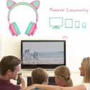 Riwbox CT-7 Cat Ear Bluetooth Headphones, LED Light Up Bluetooth Wireless Over Ear Headphones with Microphone and Volume Control for Travel/School/Smartphones/Laptop/PC/TV (Pink&Green)