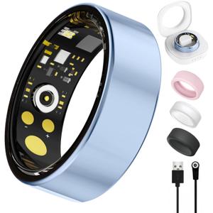 Smart Ring for Women Men, Health Tracker with Heart Rate/Blood Oxygen/Blood Pressure/Sleep Monitoring/Step Counting, IP68 Waterproof Fitness Ring, No App Fees for iPhone & Android (Blue, 8#)