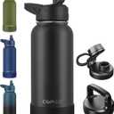 CIVAGO 32 oz Insulated Water Bottle With Straw, Stainless Steel Sports Water Cup Flask with 3 Lids (Straw, Spout and Handle Lid), Wide Mouth Travel Thermal Mug, Black