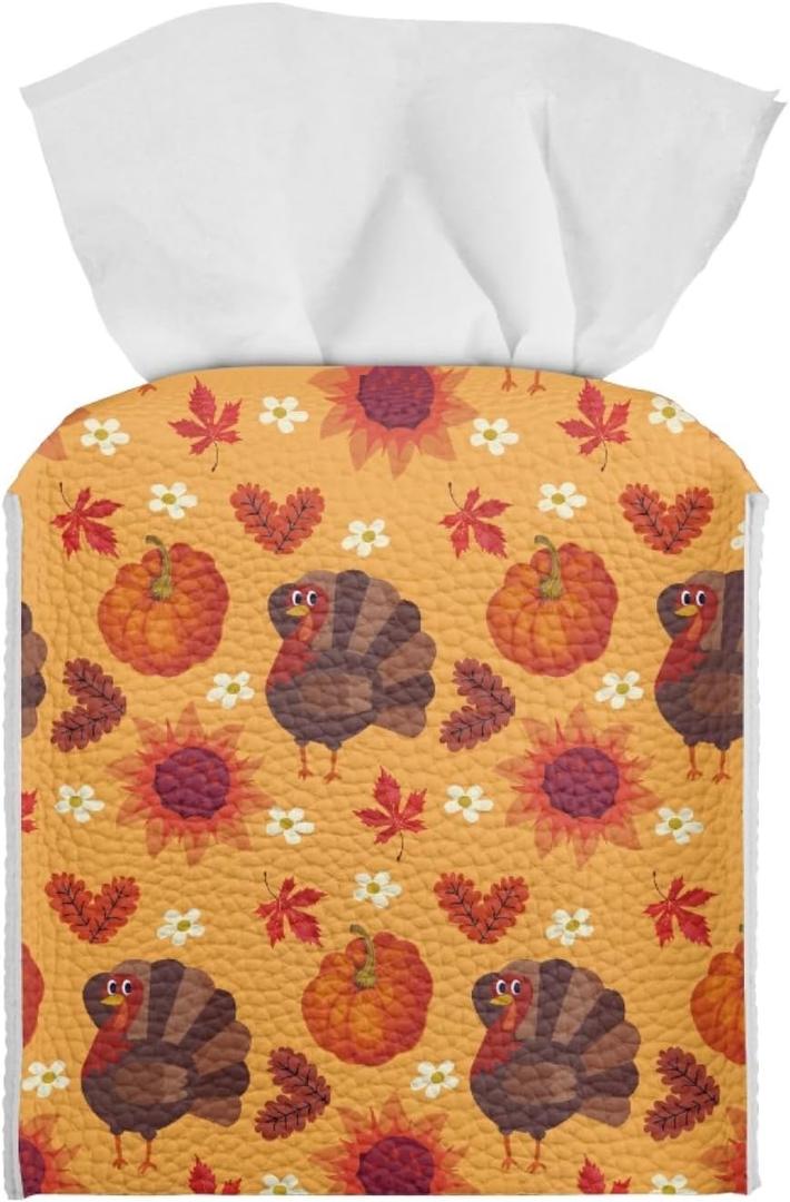 Turkey Pumpkin Tissue Box Cover Holder Square Facial Tissue Case Facial Paper Organizer Dispenser for Bathroom Bedroom Living Room Decor Thanksgiving PU Leather Napkin Boxes Covers