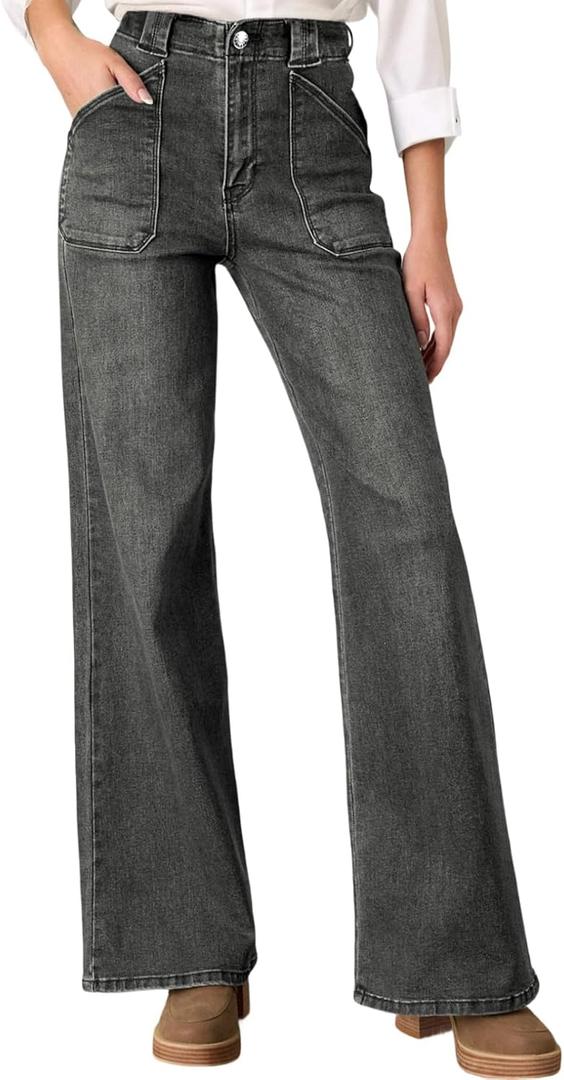 Astylish Womens High Waisted Straight Leg Jeans Stretchy Wide Leg Jeans Trendy Denim Pants (16, Gray)