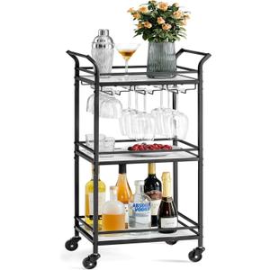 VASAGLE Bar Cart with 3-Tier Shelf, Wine & Glass Holders, Mini Bar for Small Spaces, Black