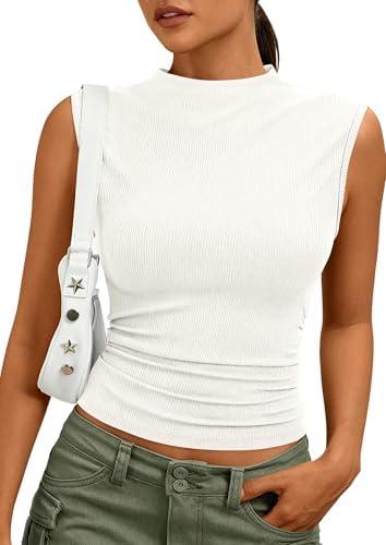 PRETTYGARDEN Sleeveless Tops for Women Ribbed Mock Neck Tank Top Slim Fitted Ruched Basic Layering Shirts 2026 Summer Clothes M