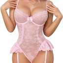 Aranmei Sexy Lace V Neck Teddy Bodysuit Lingerie for Women with Garter One Piece (No Stockings) Size M