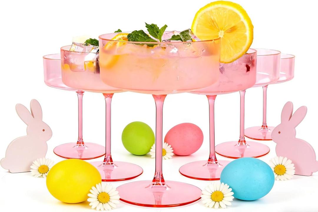 Ciaell 12PCS Plastic Martini Glasses - 10 Oz Pink Disposable Coupe Glasses with Stem - Heavy Duty Margarita Cups for Bars, Cocktails, Whiskey, Parties & Wedding & Easter