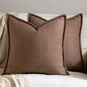 DEZENE 24x24 Linen Pillow Covers Brown Pack of 2 Farmhouse Boho Neutral Accents Striped Textured Square Decorative Throw Pillow Cases for Living Room Couch Bed Home Decor