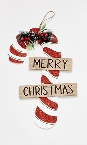 Worth Imports 20" Hanging Wood Merry Christmas Candy Cane Sign for Front Door Or Wall