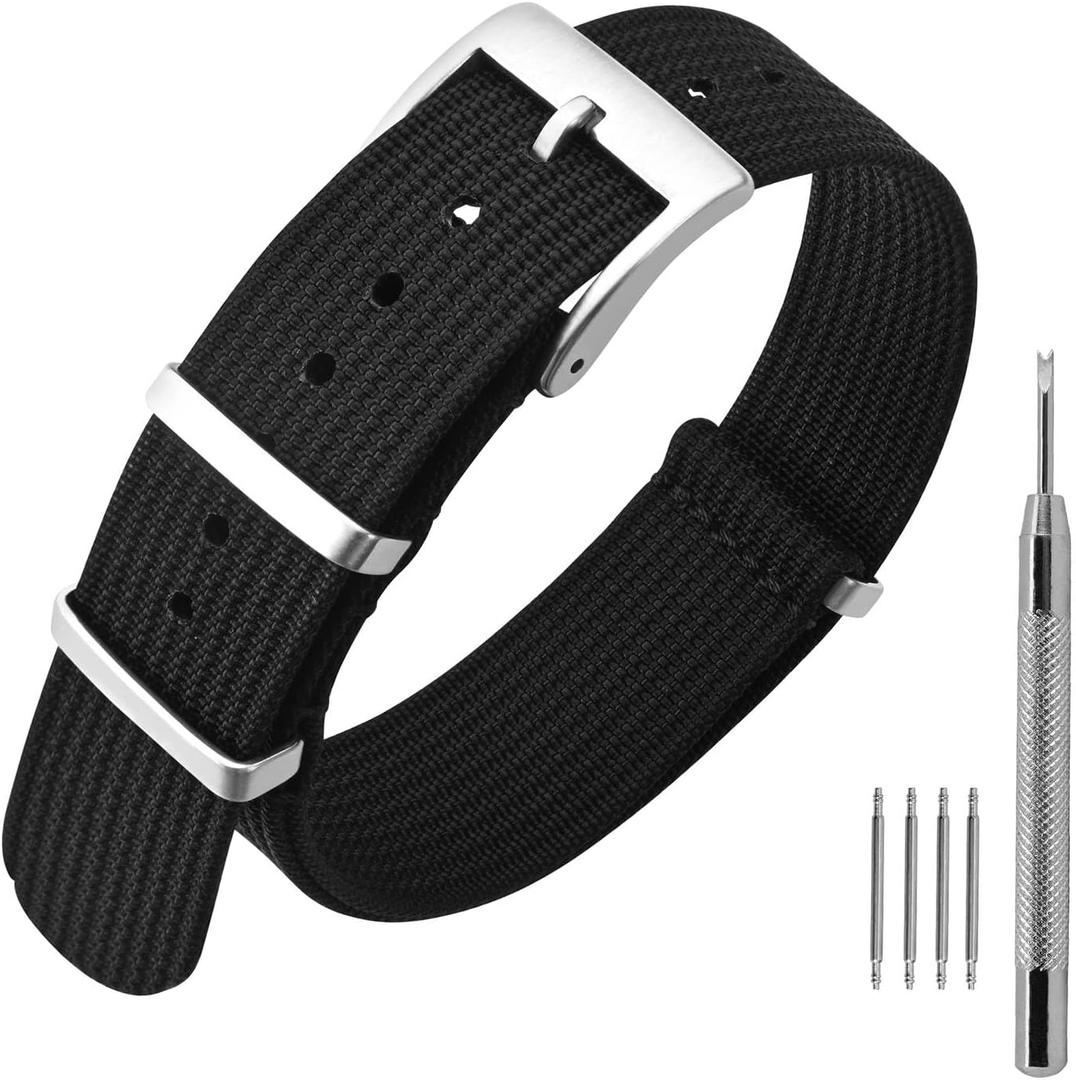 ANNEFIT Nylon Watch Band 16mm 18mm 20mm 22mm, One-Piece Waterproof Military Watch Straps with Heavy Buckle (Black/Silver Buckle)