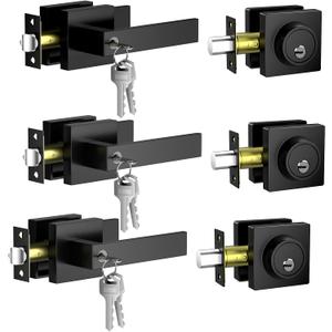 Keyed Alike Exterior Door Lock Set 3 Pack(Same Keys), Exterior Door Handle with Single Cylinder Deadbolt, Front Door Lock Set, Entry Door Lock Set, Zinc Alloy Outdoor Door Handles, Matte Black