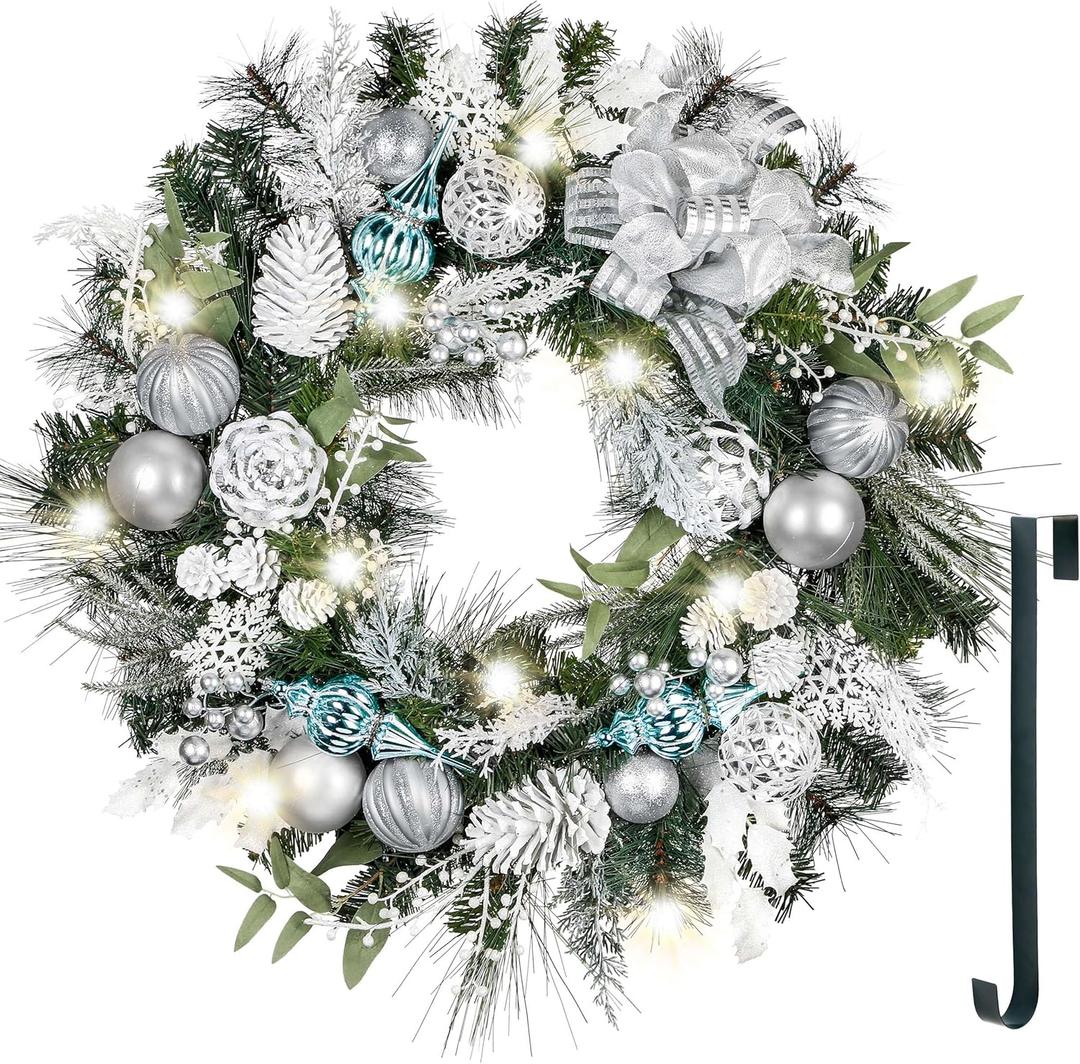 Valery Madelyn 30'' Pre-Lit Christmas Wreath for Front Door with Light, Large Lighted Outdoor Christmas Wreath with Blue Silvery White Xmas Balls for Home Porch Fireplace Window Holiday Party Decor