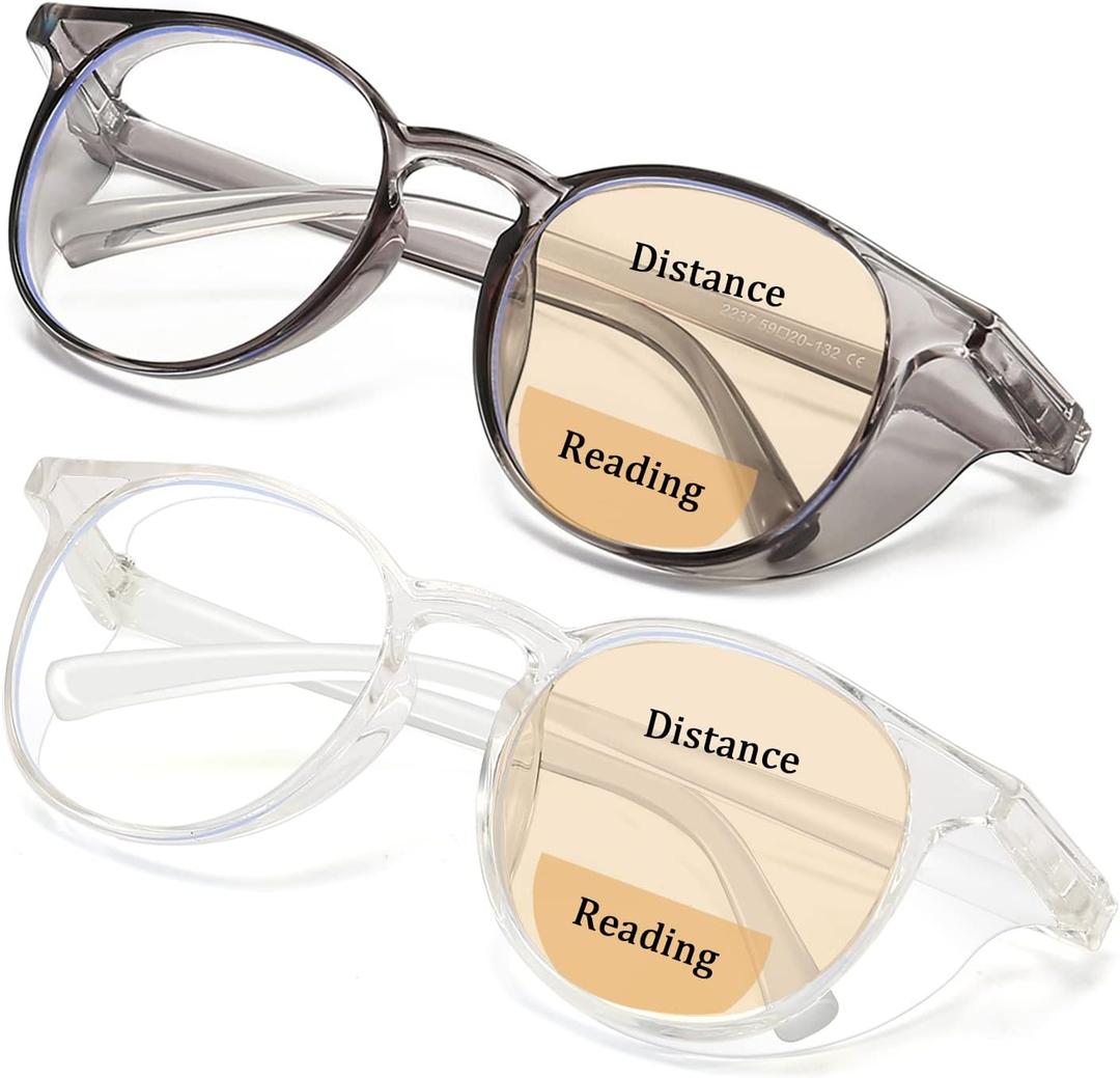 Outray 2 Pack Blue Light Reading Glasses Bifocal Safety Glasses with Readers Side Shields Anti-Saliva for Women Men (Transparent+grey)