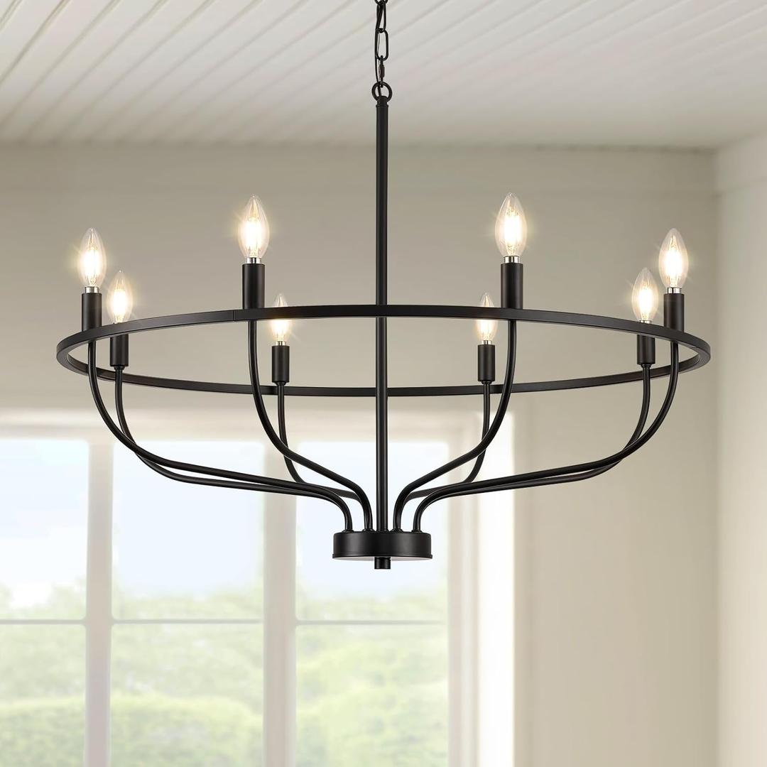 8 Light Modern Farmhouse Black Chandelier Light Fixture,Dining Room Chandelier Over Table,Matte Round Candle Ceiling Pendant Chandelier for Entryway Foyer Living Room Kitchen Bedroom 
