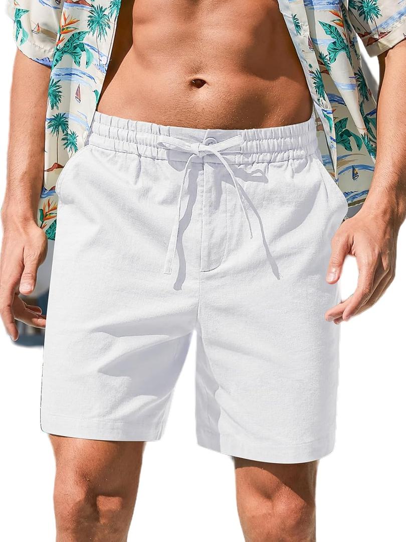 RQP Mens Cotton Linen Shorts Casual Drawstring 7inch Inseam Shorts Stretch Summer Beach Wear (Large, White)