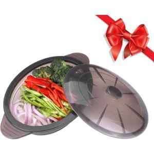 Microwave Steamer Cooker Collapsible Bowl-Silicone Steamer Cookware with Handle Lid for Vegetables Fish Prep Meal Food with Removable Rack BPA Free, Easy to Store, Freezer & Dishwasher Safe, Large (White)