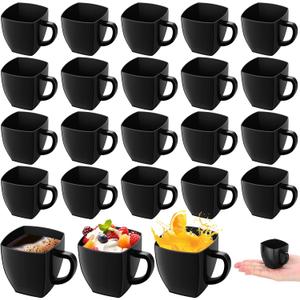 Amyhill 50 Pcs Disposable Tea Cups Mini Plastic Tea Cup Bulk with Handle Hard Plastic Coffee Mug Disposable Square Espresso Mug for Party Catering (Black)