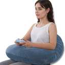 QUEEN ROSE Reading Pillow, Gaming Pillow for Lap, Sitting in Bed or Sofa, Extra Arm Rest for Reading, Playing or Crocheting, Soft Velvet Blue