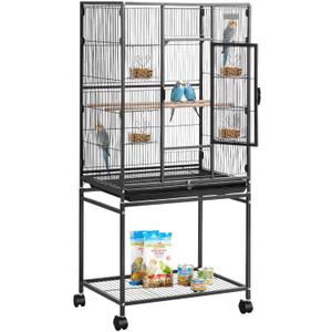 VEVOR Bird Cage, 24.6 x 16.7 x 53.9 inch, Flat Top, Wrought Iron Bird Flight Cage with Perches, Slide-Out Tray and Plastic Feeders, Casters, for Parrot, Blue Tit, Cockatiel, Canary, Budgerigar, Conure (Black)