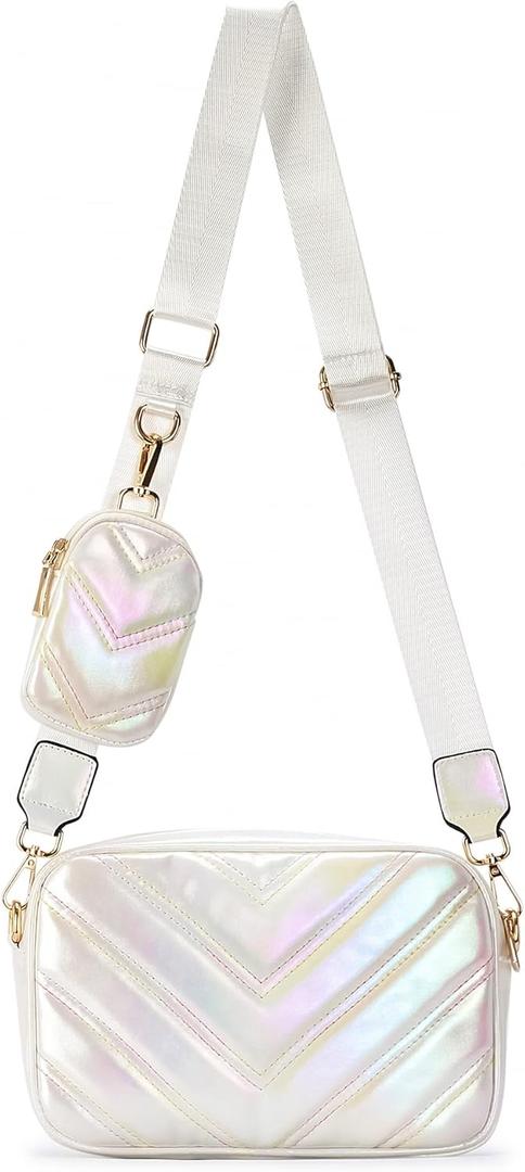 Herald Chevron Quilted Small Crossbody Bag with Coin Purse Pouch, Women Square Camera Side Shoulder 2 Size Handbags (Colorful White)