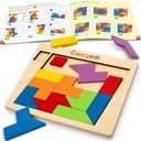 Coogam Wooden Puzzle Blocks Geometric Tangram Brain Teasers Jigsaw 3D Logic IQ Game Colorful Shape Pattern Montessori STEM Educational Toys Gift 60 Challenges for All Age, 15 pieces
