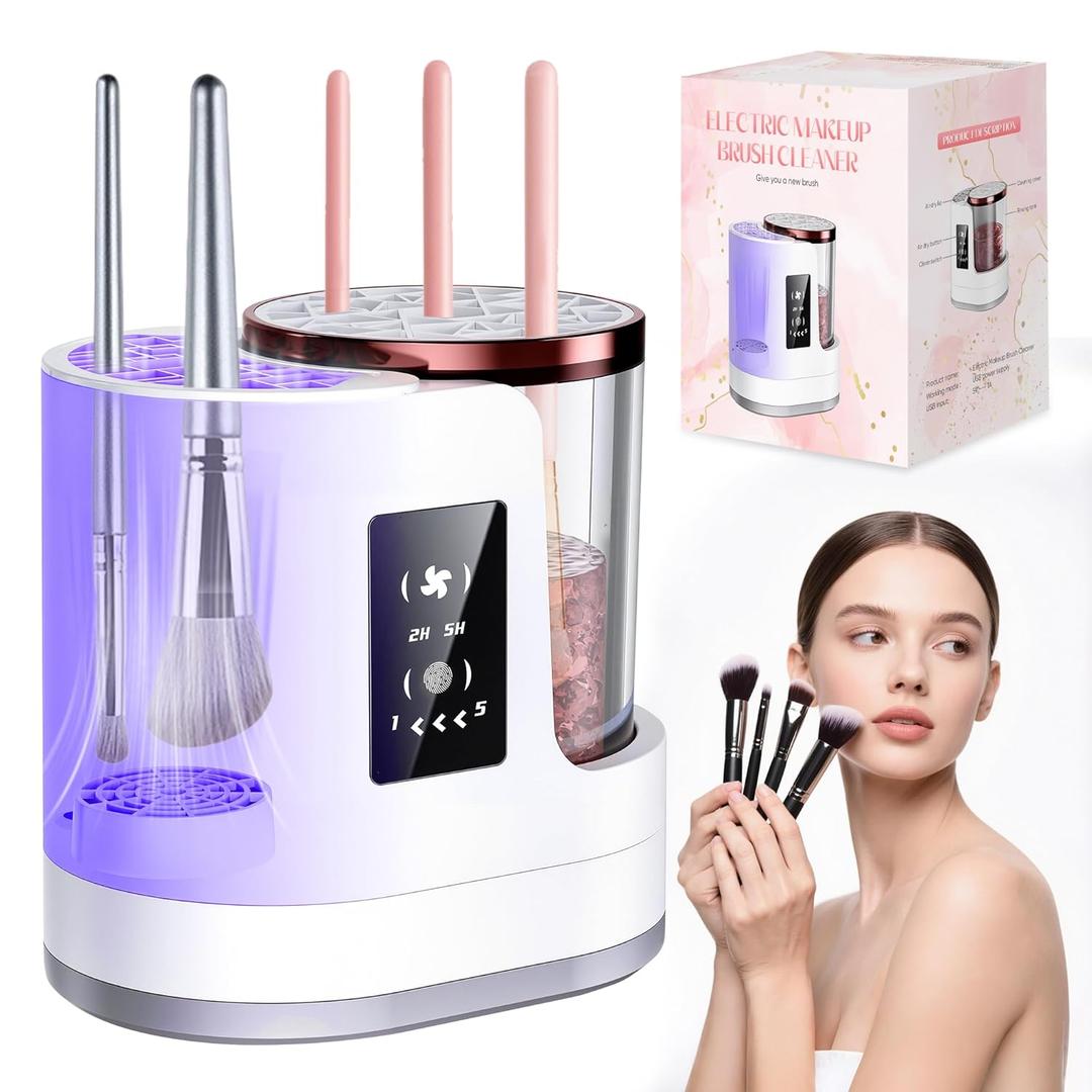 Electric Makeup Brush Cleaner Machine with Automatic Cleaning and Drying Functions Portable Makeup Brush Cleaner for Makeup Lovers (White pink)