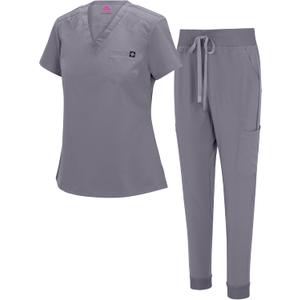 Natural Uniforms Womens Cool Stretch Modern Tuck-In Top Yoga Jogger Scrub Set with Regular and Petite Sizes (Large, Charcoal)