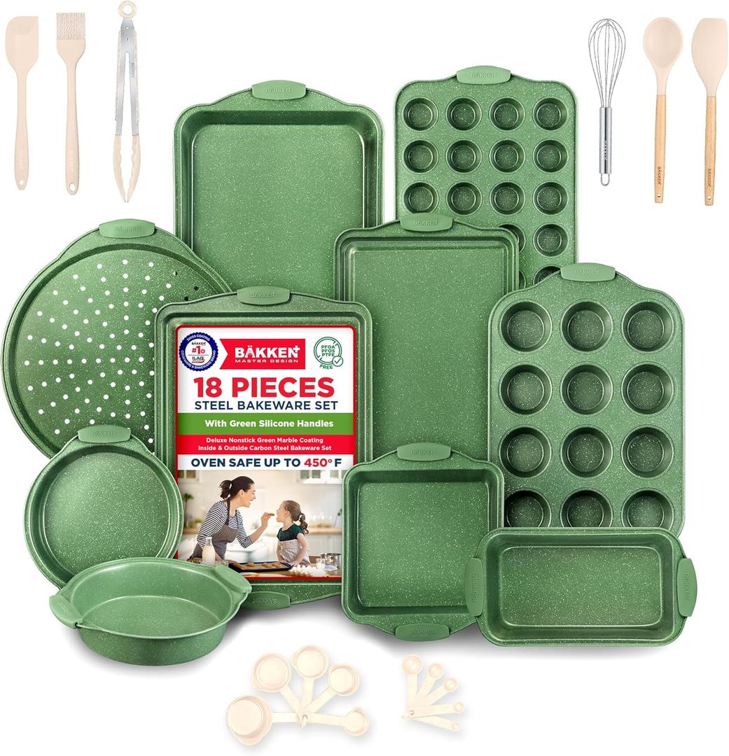 BAKKEN Kitchen Baking Pan Set - Nonstick Green Marble Coating, Carbon Steel Bakeware Sets with Green Silicone Handles, Kitchen Essentials, PFOA, PFOS, PTFE Free, Oven Safe (Up To 450 F), Set of 18