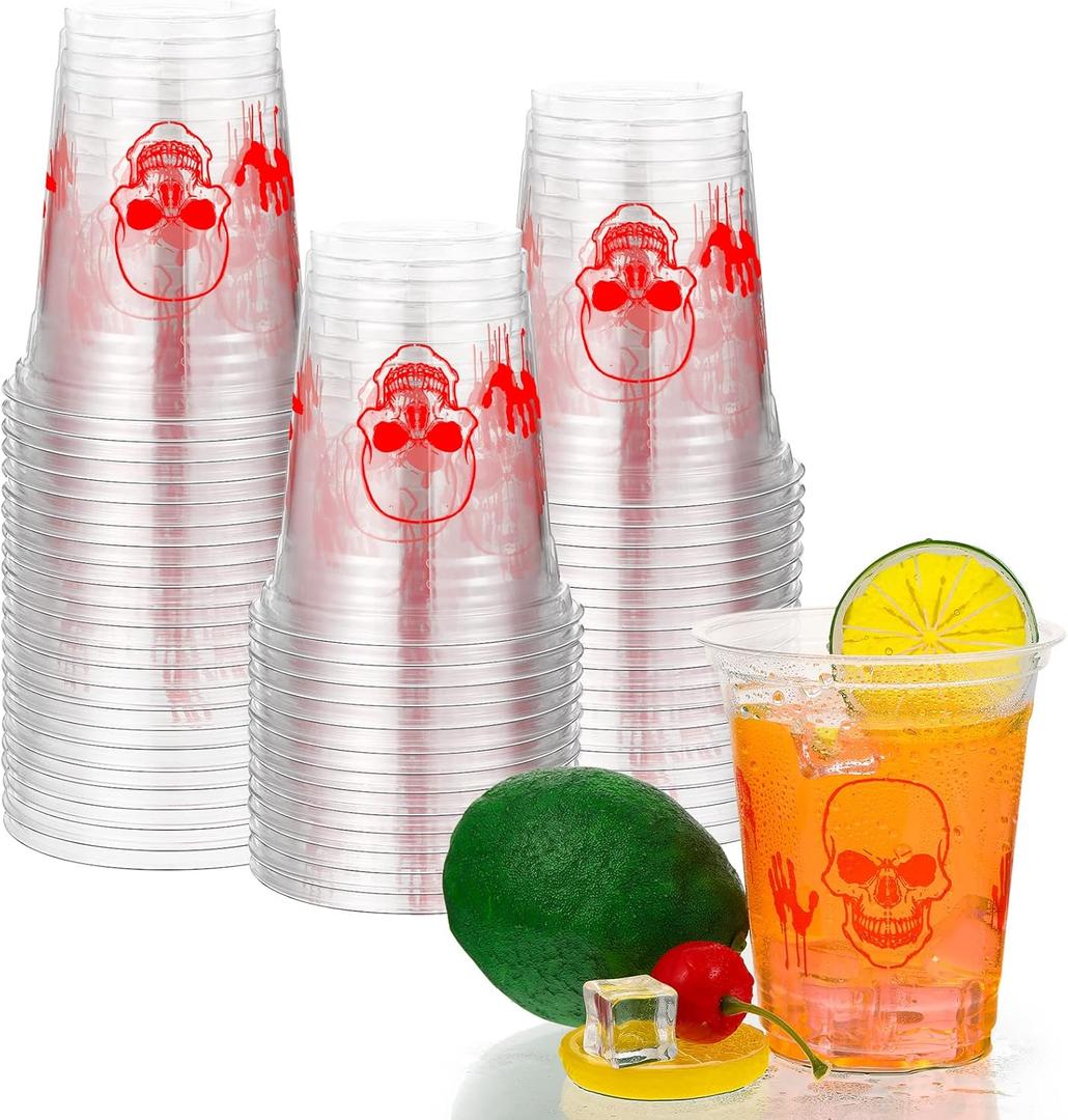 CHENGU 60 Pack 12 Oz Halloween Plastic Cups Happy Halloween Party Cups Skinny Skull Bloody Hand Print Disposable Cup Clear Plastic Supplies for Smoothies Juices Soda Drinks