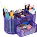 EasyPAG Mesh Pen Holder Desk Organizer with Drawer Stationery Supplies Organizer for Dorm School 9 Compartments Workspace Desk Accessories Organization for Office, Purple