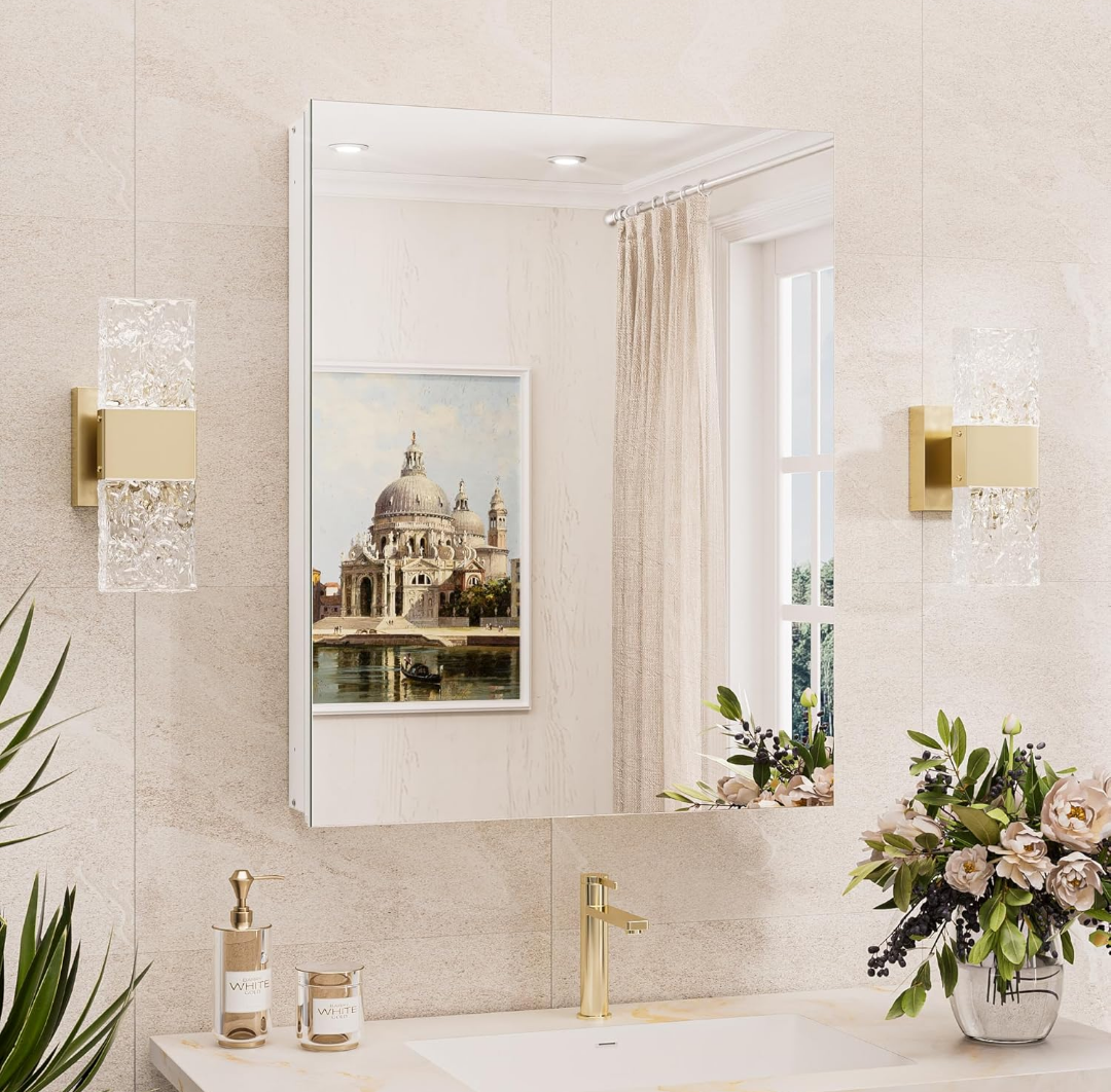 24" x 4.5" x 15" Medicine Cabinet Mirror with Storage Tempered, Aluminum Surface Mount or Recessed Medicine Cabinet White with Adjustable Shelves for Bathroom Vanity Modern Farmhouse