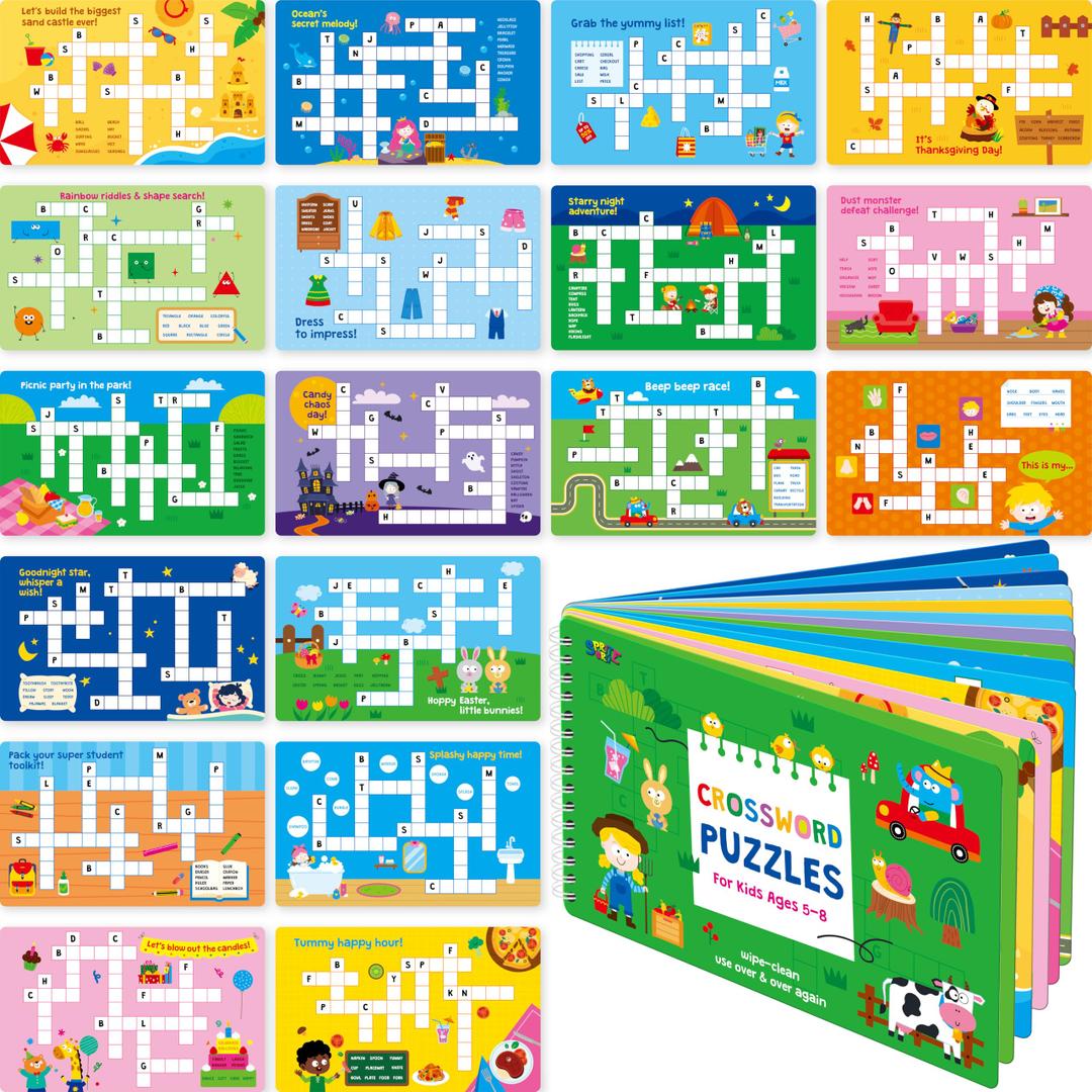 5 x SpriteGru Crossword Puzzle Game Pad, 30 Reusable & Erasable Word Games, Dry Erase Brain-Boosting Puzzle Activities Book for Kids, Educational Toy for Road Trip, Airplane & Car Travel