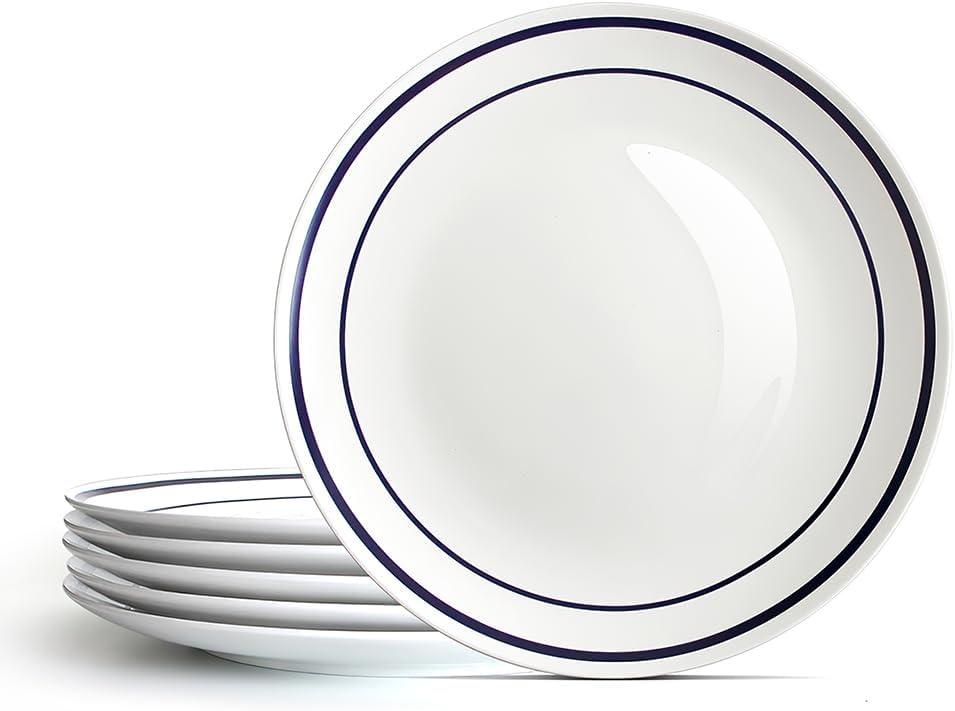 YFWOOD Ceramic Dinner Plates Set Of 6, 10.5 Inch Kitchen Dish Set, Contemporary Round Porcelain Tablewar,Microwave,Dishwasher and Oven Safe, Scratch Resistant Deep Plates - White & Blue Double Line