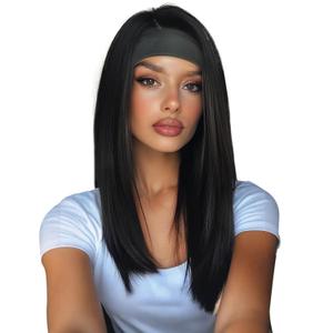 PHOCAS Long Black Headband Wig 14" Synthetic Straight Headband Wigs For Black & White Women, Natural Wear and Go Glueless Wig Ice-Silk Head Band Wigs for Daily Travel Party Gym Use