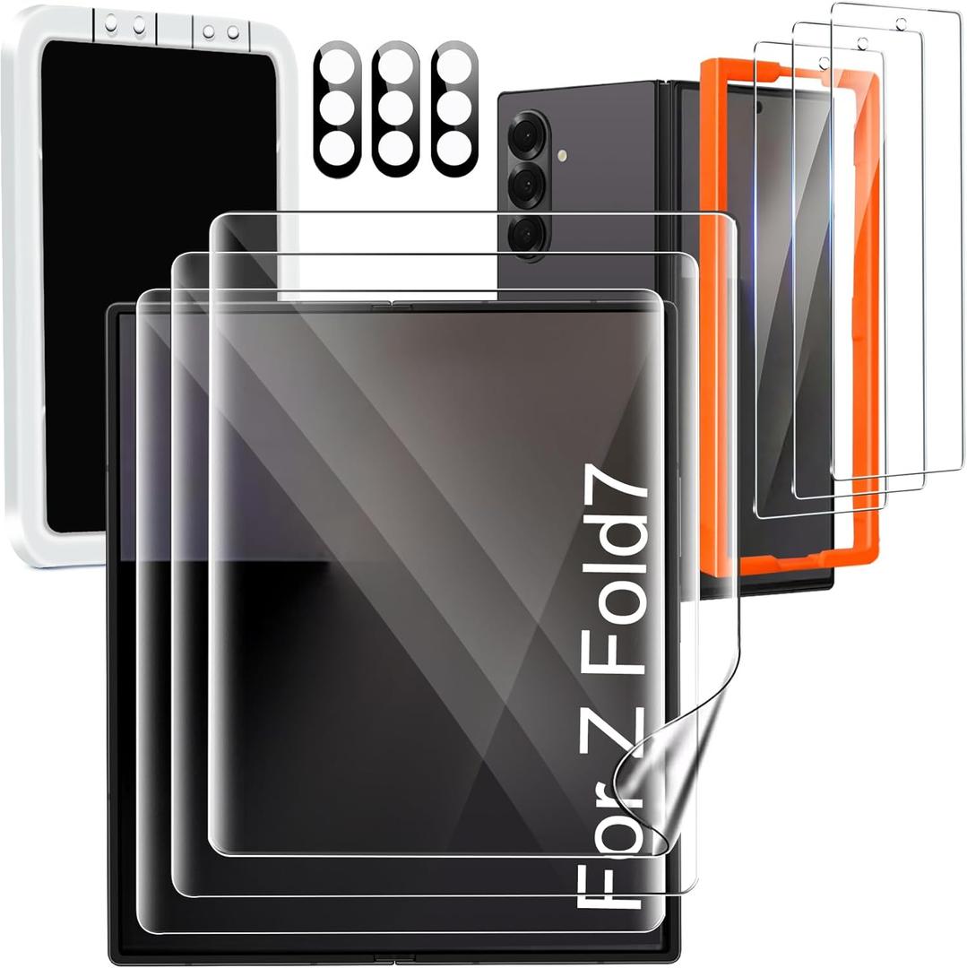Milomdoi 9 in 1 Screen Protector for Samsung Galaxy Z Fold 7, 3 Inside Flexible Film + 3 Front Tempered Glass + 3 Camera Lens Protector Accessories with Installation Frame, No Bubbles