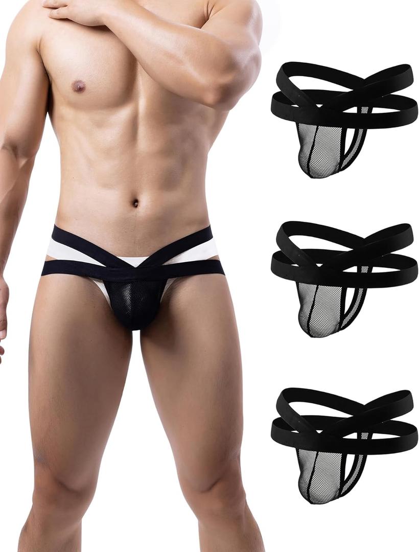 ohyeahlady Jock Straps for Men Mesh Black Thong Ball Pouch Mens Thongs Underwear Quick Dry Breathable Sexy Multipack S 3 Pack
