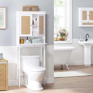Spirich Over The Toilet Storage Cabinet with Rattan Doors, Over Toilet Bathroom Organizer with Tilt-Out Cube and Adjustable Shelf