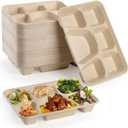 Peohud 50 Pack 6 Compartment Disposable Paper Plates, Bagasse School Lunch Tray, Heavy-Duty Sugarcane Plates, Microwavable Safe