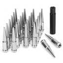 DYNOFIT 14 mm x 1.5 Wheel Spike Lug Nuts, 24 x Chrome M14x1.5 Lug Nut, Cone/Conical Bulge Seat, Silver Closed End Nuts with 1 Socket Key Compatible with Chevy Silverado 1500 Aftermarket Wheel