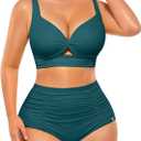 SHAPELLX Twist Front V Neck Bikini Ruched High Waisted Bathing Suit Tummy Control Two Piece Swimsuit Push Up Bikini Sets (Green, Medium)