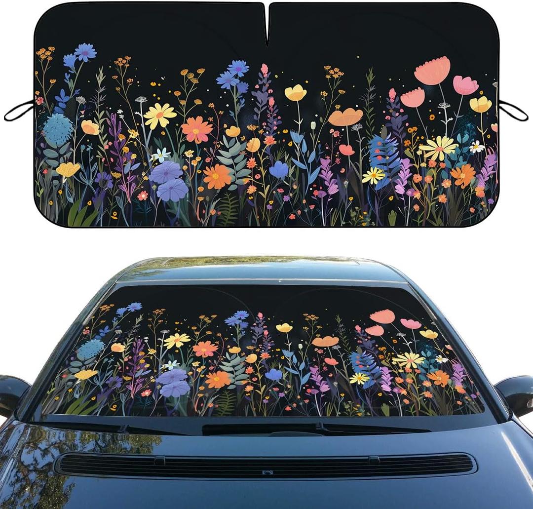 Wild Flower Car Windshield Sunshades Colorful Floral Boho Retro Heatshield Front Window Car Sun Shade Windshield Blocks UV Rays Sun Visor Protector for Car Sedan Truck SUV Accessories 59"L x 31.5"W